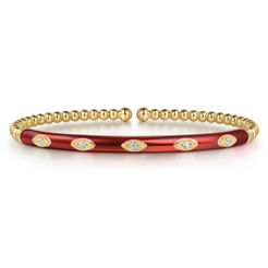 Enamel - 14K Yellow Gold Bujukan Beads and Diamond Split Bangle with Chrome Red Enamel
