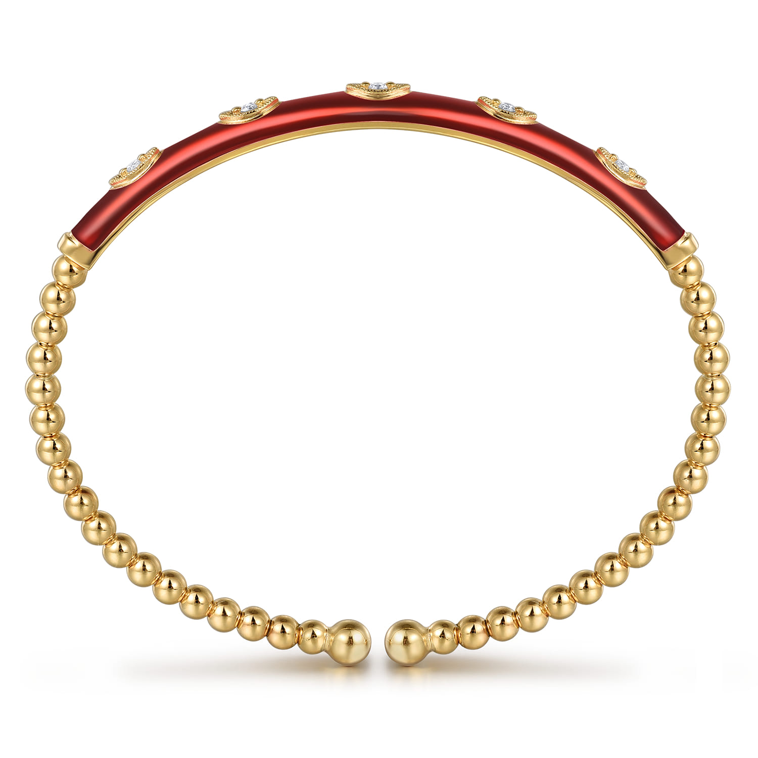 Enamel - 14K Yellow Gold Bujukan Beads and Diamond Split Bangle with Chrome Red Enamel - 0.1 ct - Shot 3