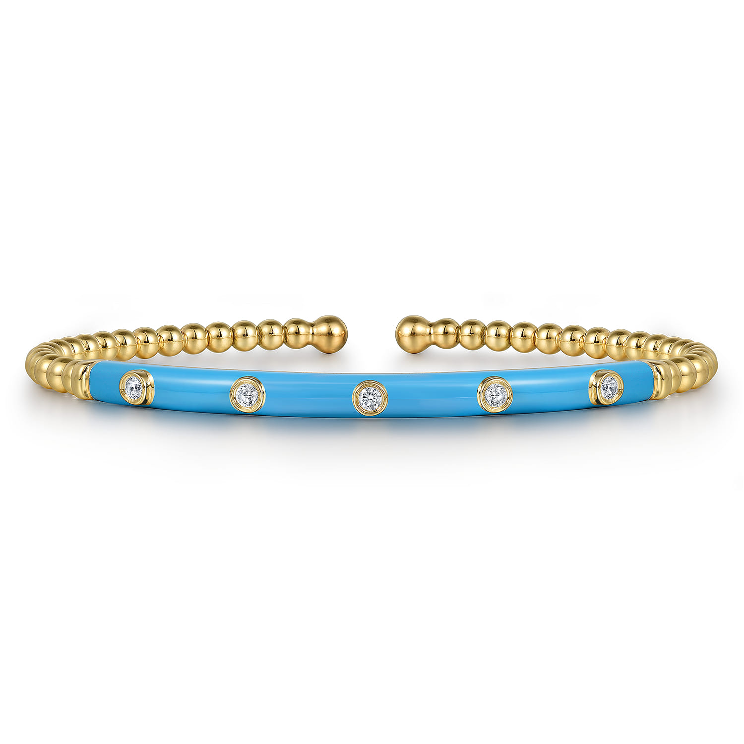 Enamel - 14K Yellow Gold Bujukan Beads and Diamond Split Bangle with Dusk Blue Enamel - 0.15 ct - Shot 1