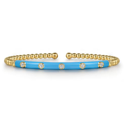 14K Yellow Gold Bujukan Beads and Diamond Split Bangle with Dusk Blue Enamel