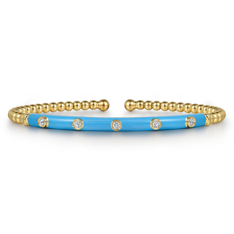 Enamel - 14K Yellow Gold Bujukan Beads and Diamond Split Bangle with Dusk Blue Enamel - 0.15 ct - Shot 1