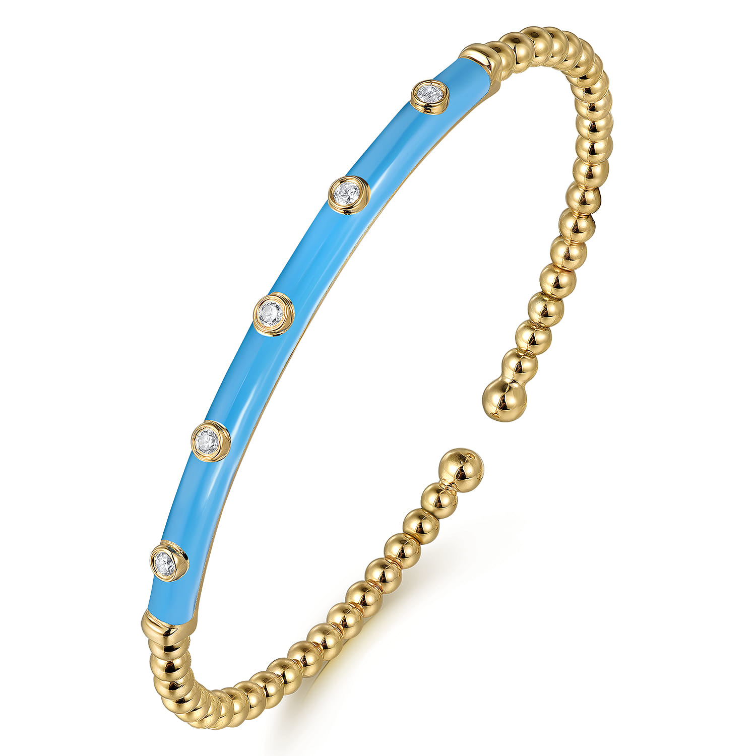Enamel - 14K Yellow Gold Bujukan Beads and Diamond Split Bangle with Dusk Blue Enamel - 0.15 ct - Shot 2