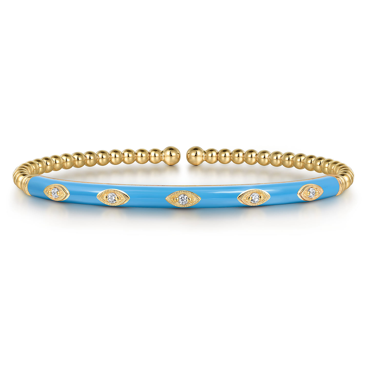 Enamel - 14K Yellow Gold Bujukan Beads and Diamond Split Bangle with Dusk Blue Enamel - 0.1 ct - Shot 1