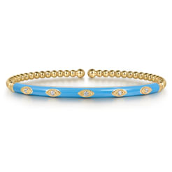 14K Yellow Gold Bujukan Beads and Diamond Split Bangle with Dusk Blue Enamel