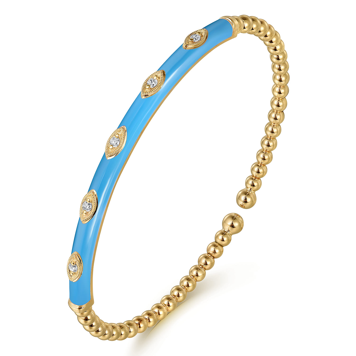 Enamel - 14K Yellow Gold Bujukan Beads and Diamond Split Bangle with Dusk Blue Enamel - 0.1 ct - Shot 2