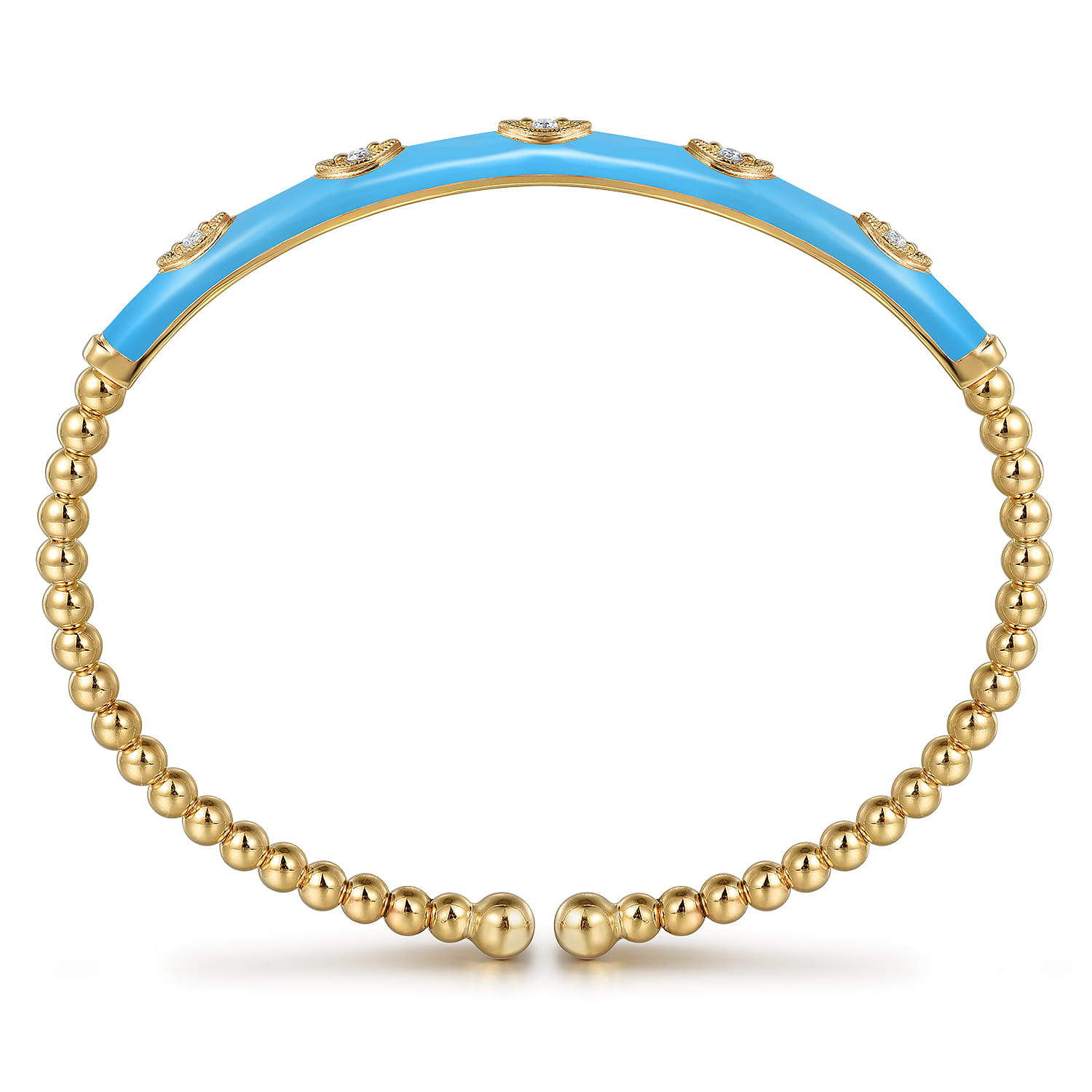 Enamel - 14K Yellow Gold Bujukan Beads and Diamond Split Bangle with Dusk Blue Enamel - 0.1 ct - Shot 3
