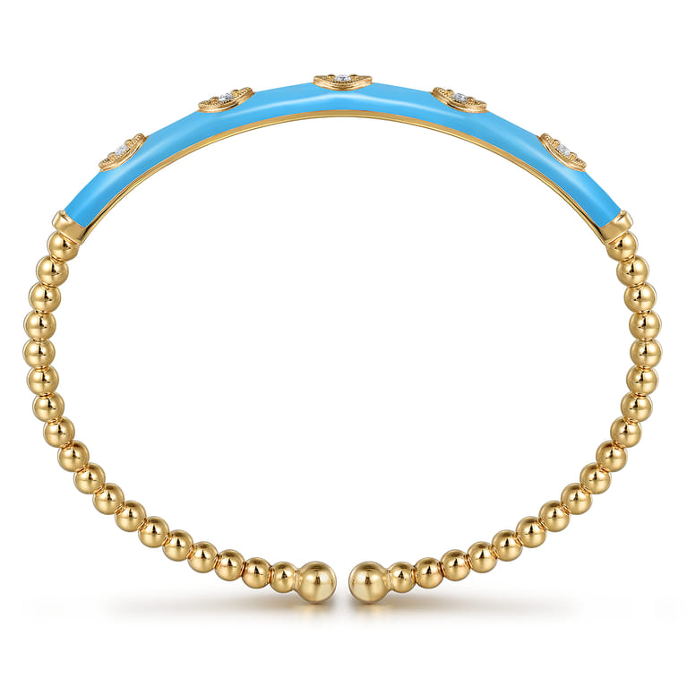 Enamel - 14K Yellow Gold Bujukan Beads and Diamond Split Bangle with Dusk Blue Enamel - 0.1 ct - Shot 3