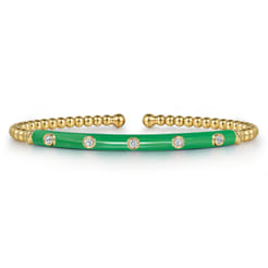 Enamel - 14K Yellow Gold Bujukan Beads and Diamond Split Bangle with Emerald Green Enamel