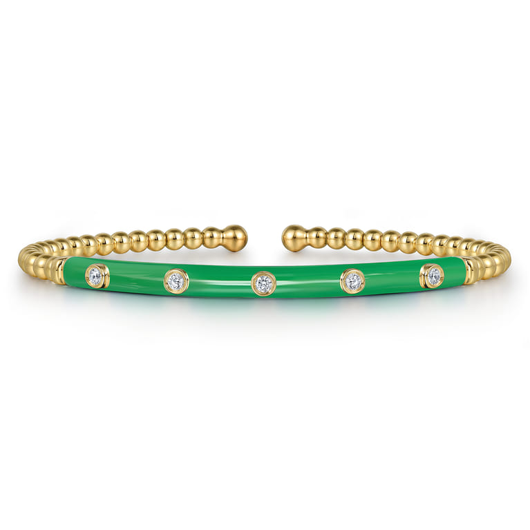 Enamel - 14K Yellow Gold Bujukan Beads and Diamond Split Bangle with Emerald Green Enamel - 0.15 ct - Shot 1
