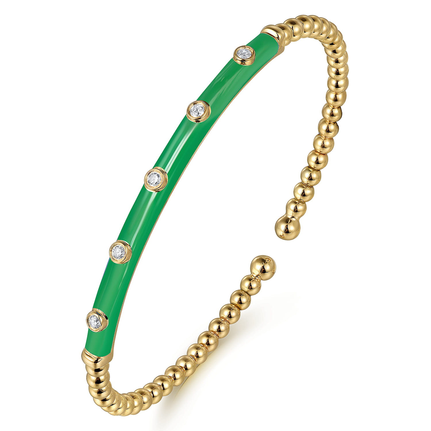 Enamel - 14K Yellow Gold Bujukan Beads and Diamond Split Bangle with Emerald Green Enamel - 0.15 ct - Shot 2
