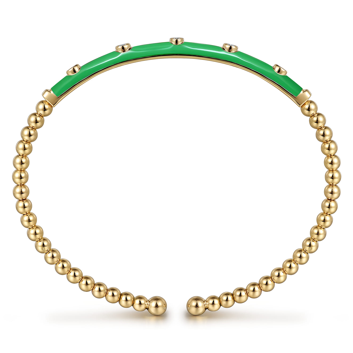 Enamel - 14K Yellow Gold Bujukan Beads and Diamond Split Bangle with Emerald Green Enamel - 0.15 ct - Shot 3