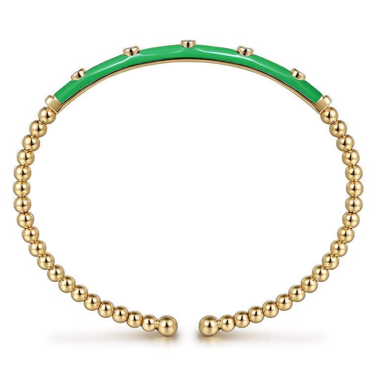 Enamel - 14K Yellow Gold Bujukan Beads and Diamond Split Bangle with Emerald Green Enamel - 0.15 ct - Shot 3