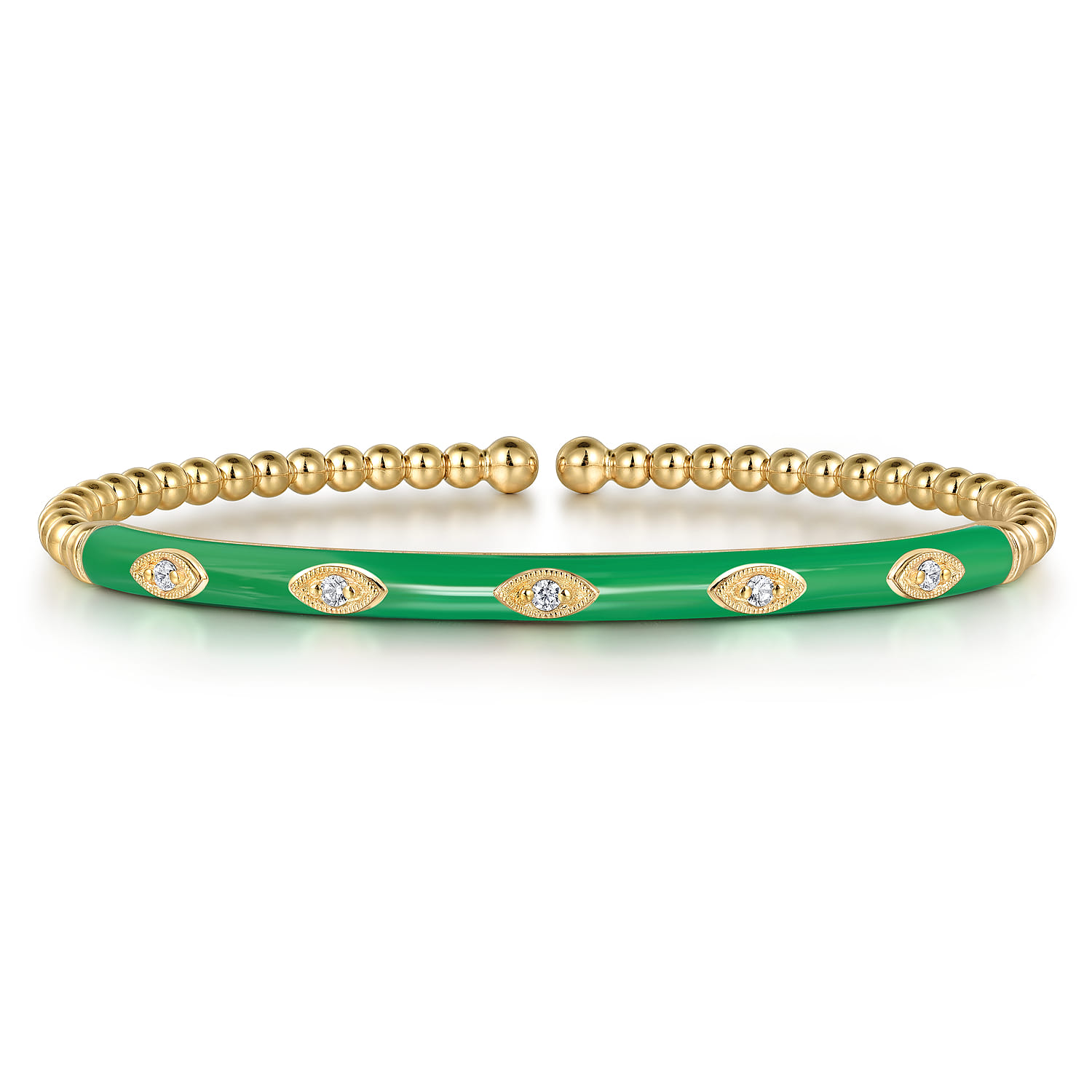 Enamel - 14K Yellow Gold Bujukan Beads and Diamond Split Bangle with Emerald Green Enamel - 0.1 ct - Shot 1
