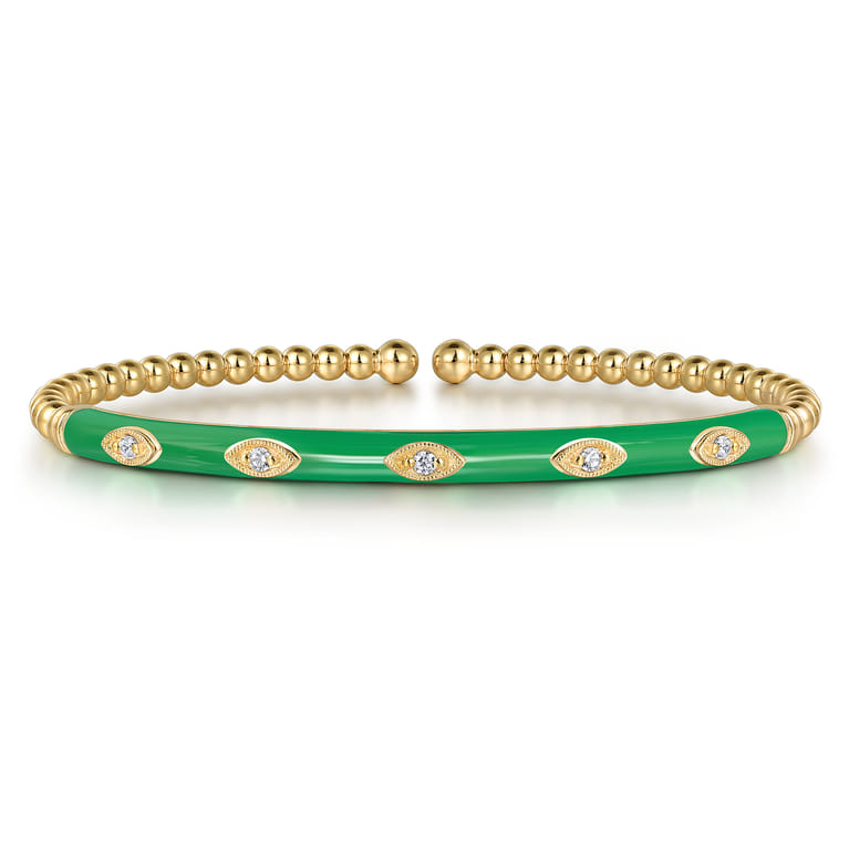 Enamel - 14K Yellow Gold Bujukan Beads and Diamond Split Bangle with Emerald Green Enamel - 0.1 ct - Shot 1