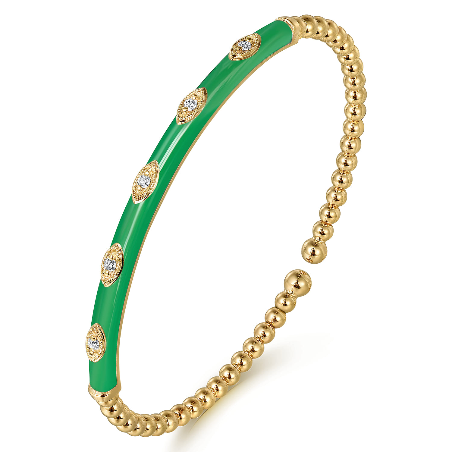 Enamel - 14K Yellow Gold Bujukan Beads and Diamond Split Bangle with Emerald Green Enamel - 0.1 ct - Shot 2