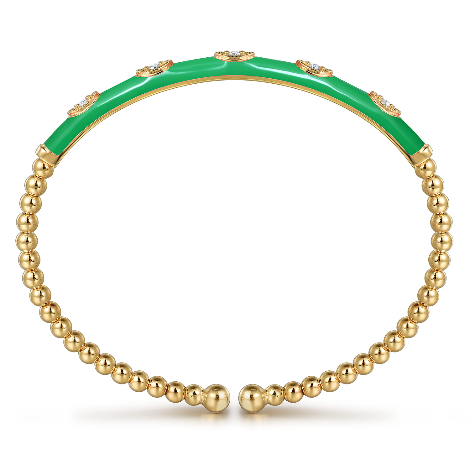 Enamel - 14K Yellow Gold Bujukan Beads and Diamond Split Bangle with Emerald Green Enamel - 0.1 ct - Shot 3