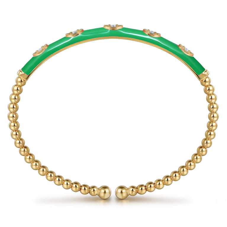 Enamel - 14K Yellow Gold Bujukan Beads and Diamond Split Bangle with Emerald Green Enamel - 0.1 ct - Shot 3