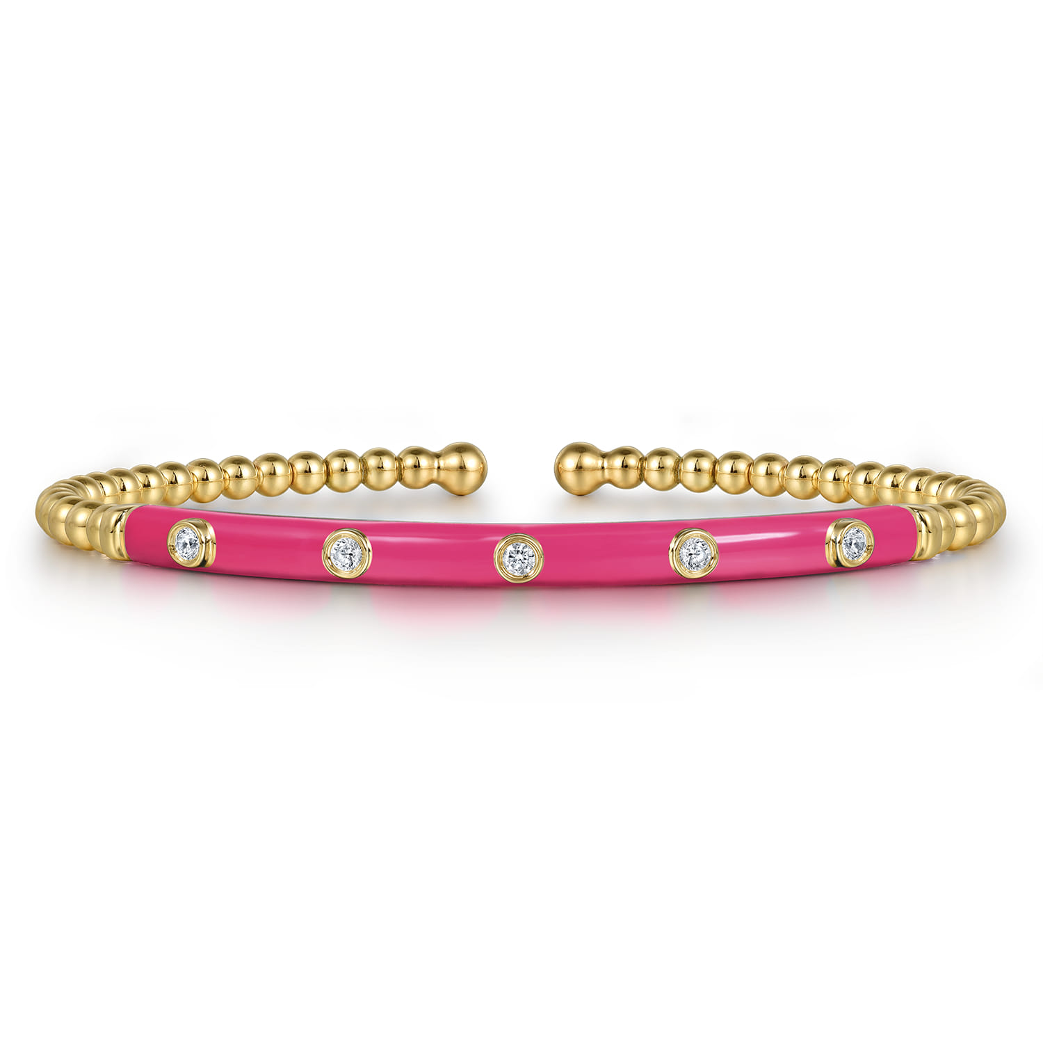 Enamel - 14K Yellow Gold Bujukan Beads and Diamond Split Bangle with Fuchsia Enamel - 0.15 ct - Shot 1