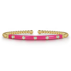 Enamel - 14K Yellow Gold Bujukan Beads and Diamond Split Bangle with Fuchsia Enamel