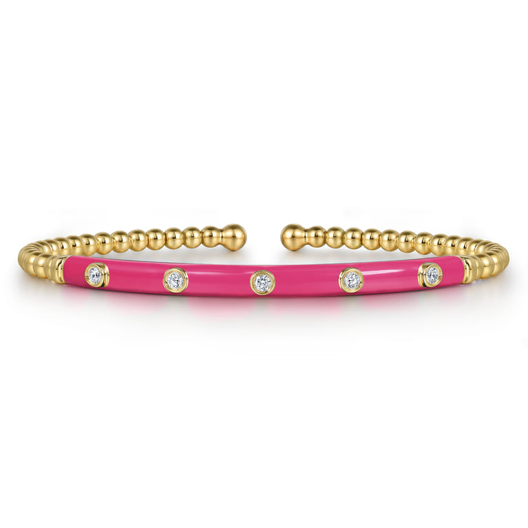 Enamel - 14K Yellow Gold Bujukan Beads and Diamond Split Bangle with Fuchsia Enamel - 0.15 ct - Shot 1