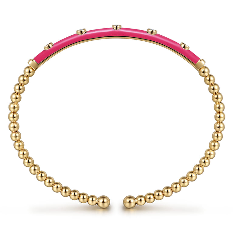 Enamel - 14K Yellow Gold Bujukan Beads and Diamond Split Bangle with Fuchsia Enamel - 0.15 ct - Shot 3