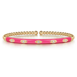 Enamel - 14K Yellow Gold Bujukan Beads and Diamond Split Bangle with Fuchsia Enamel