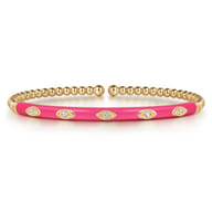 Enamel - 14K Yellow Gold Bujukan Beads and Diamond Split Bangle with Fuchsia Enamel