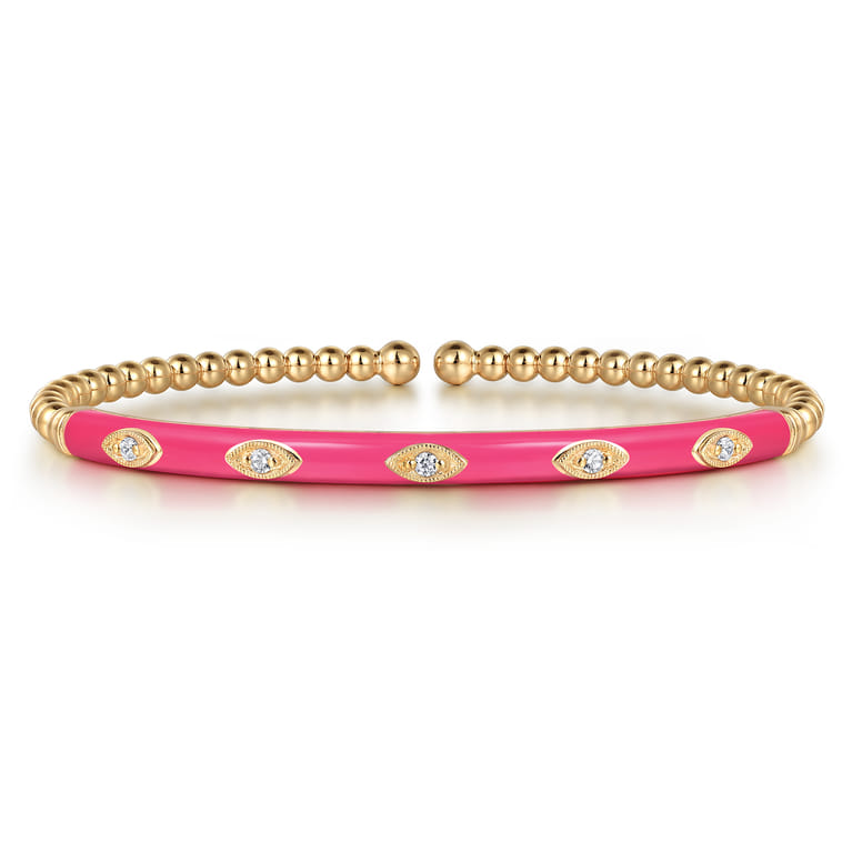 Enamel - 14K Yellow Gold Bujukan Beads and Diamond Split Bangle with Fuchsia Enamel - 0.1 ct - Shot 1