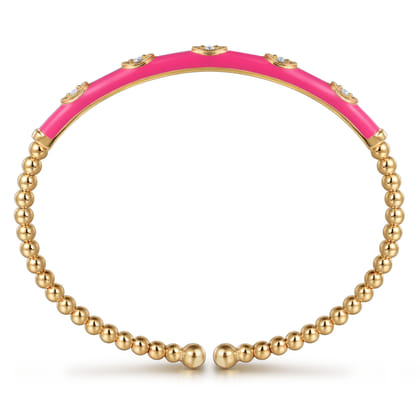 Enamel - 14K Yellow Gold Bujukan Beads and Diamond Split Bangle with Fuchsia Enamel