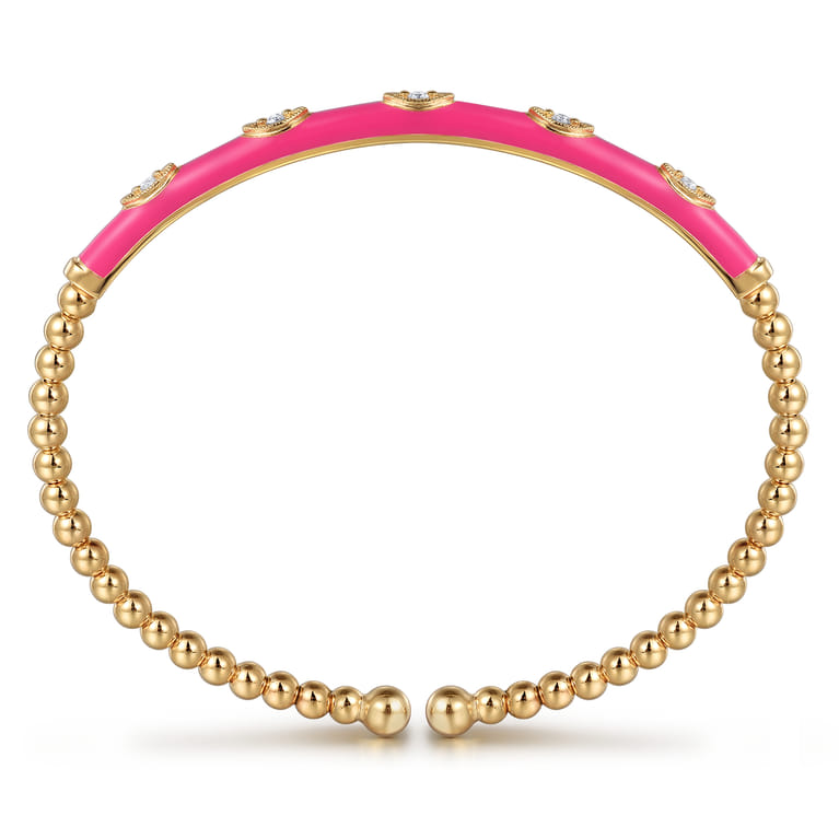 Enamel - 14K Yellow Gold Bujukan Beads and Diamond Split Bangle with Fuchsia Enamel - 0.1 ct - Shot 3