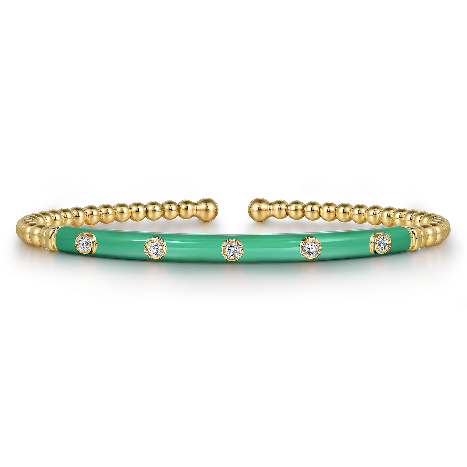 Enamel - 14K Yellow Gold Bujukan Beads and Diamond Split Bangle with Mint Green Enamel - 0.15 ct - Shot 1