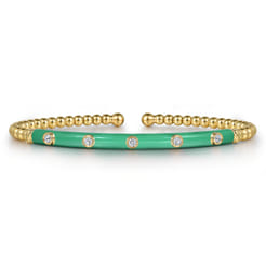 Enamel - 14K Yellow Gold Bujukan Beads and Diamond Split Bangle with Mint Green Enamel