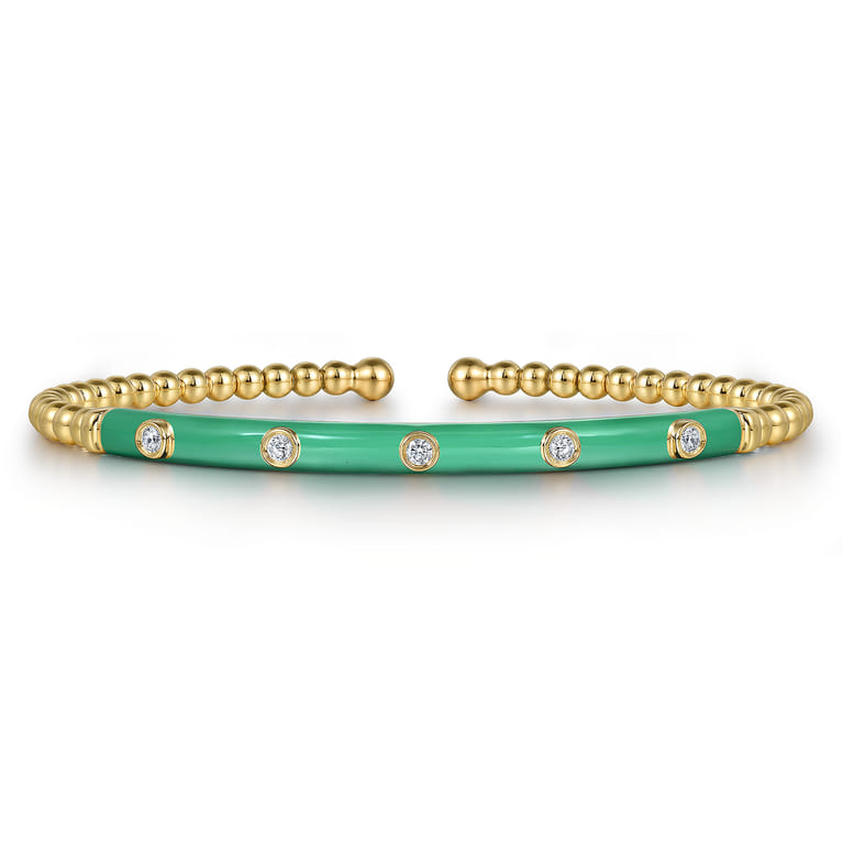 Enamel - 14K Yellow Gold Bujukan Beads and Diamond Split Bangle with Mint Green Enamel - 0.15 ct - Shot 1