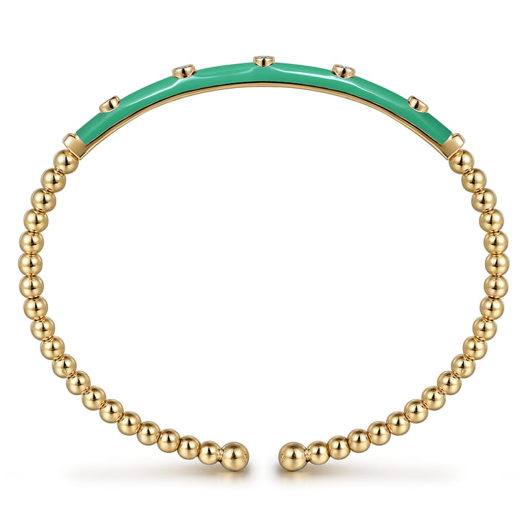 Enamel - 14K Yellow Gold Bujukan Beads and Diamond Split Bangle with Mint Green Enamel - 0.15 ct - Shot 3