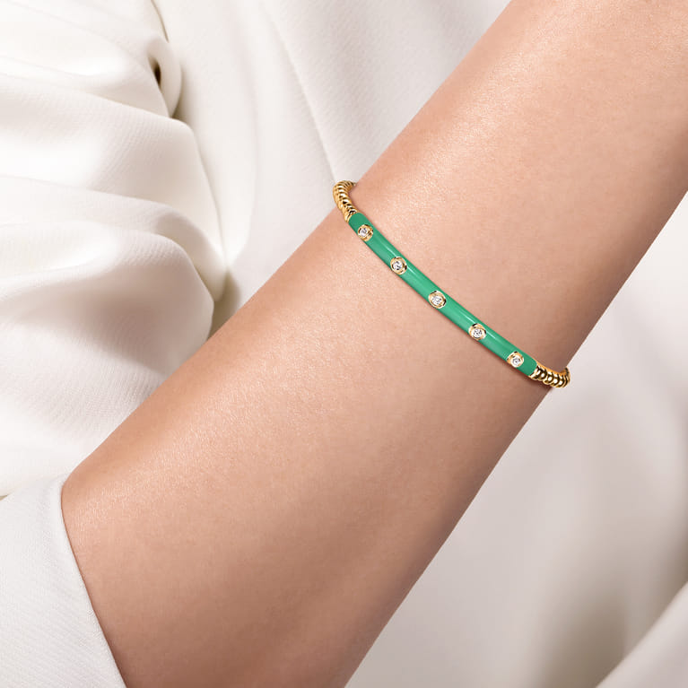 Enamel - 14K Yellow Gold Bujukan Beads and Diamond Split Bangle with Mint Green Enamel - 0.15 ct - Shot 4