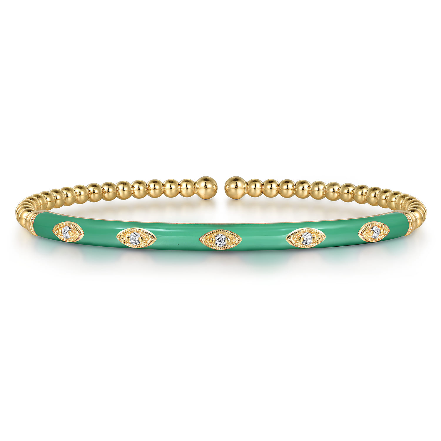 Enamel - 14K Yellow Gold Bujukan Beads and Diamond Split Bangle with Mint Green Enamel - 0.1 ct - Shot 1