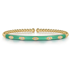 Enamel - 14K Yellow Gold Bujukan Beads and Diamond Split Bangle with Mint Green Enamel