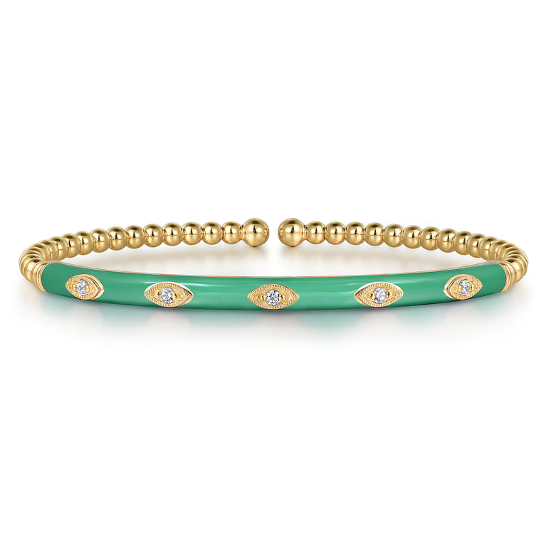Enamel - 14K Yellow Gold Bujukan Beads and Diamond Split Bangle with Mint Green Enamel - 0.1 ct - Shot 1