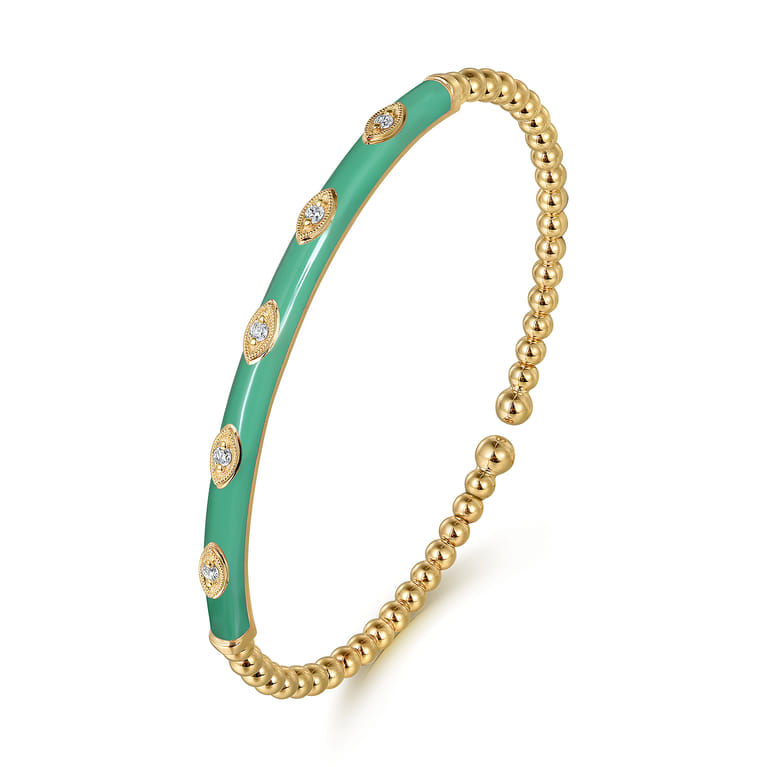 Enamel - 14K Yellow Gold Bujukan Beads and Diamond Split Bangle with Mint Green Enamel - 0.1 ct - Shot 2