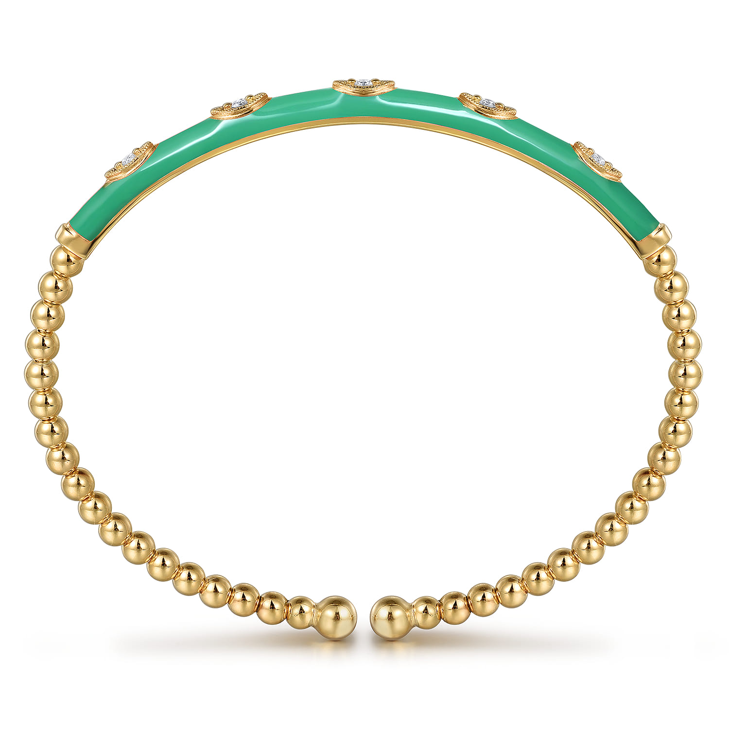 Enamel - 14K Yellow Gold Bujukan Beads and Diamond Split Bangle with Mint Green Enamel - 0.1 ct - Shot 3