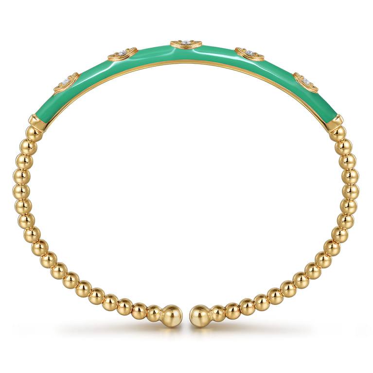 Enamel - 14K Yellow Gold Bujukan Beads and Diamond Split Bangle with Mint Green Enamel - 0.1 ct - Shot 3