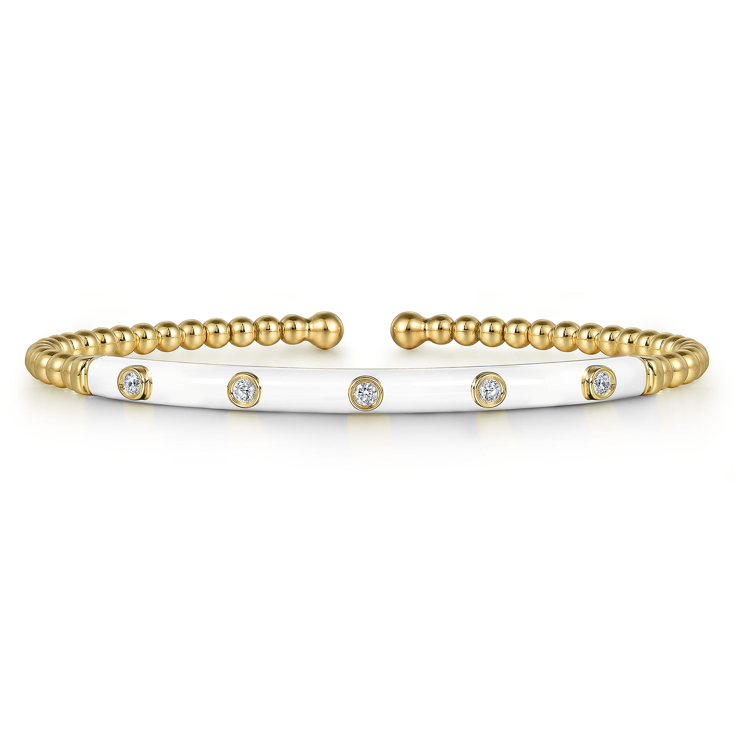 Enamel - 14K Yellow Gold Bujukan Beads and Diamond Split Bangle with White Enamel - 0.15 ct - Shot 1