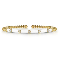 Enamel - 14K Yellow Gold Bujukan Beads and Diamond Split Bangle with White Enamel