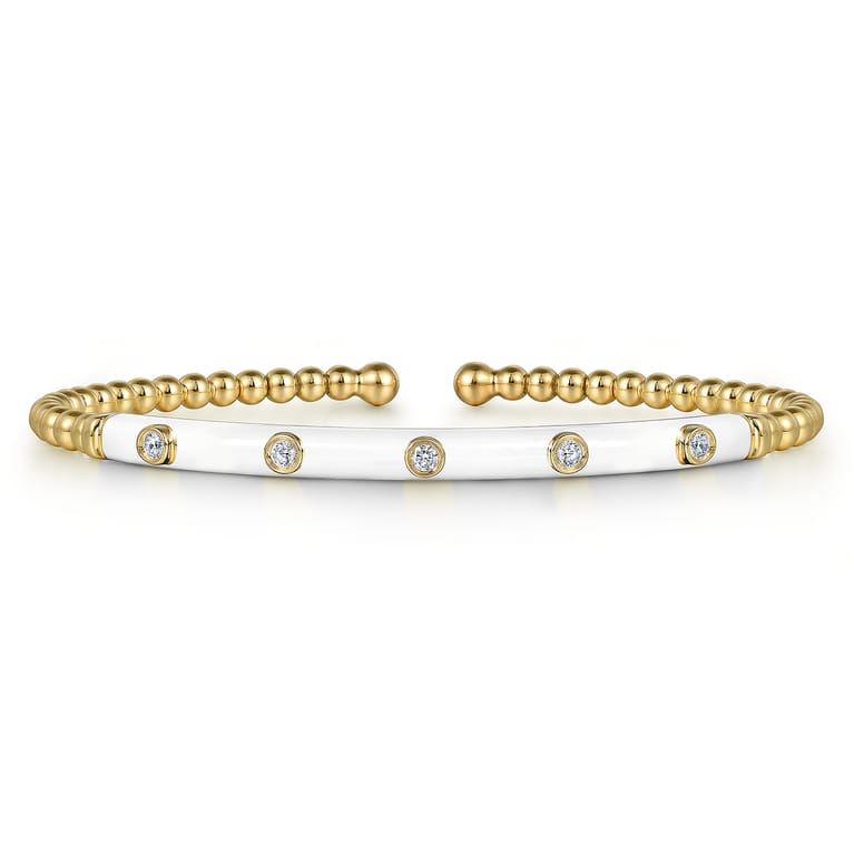 Enamel - 14K Yellow Gold Bujukan Beads and Diamond Split Bangle with White Enamel - 0.15 ct - Shot 1