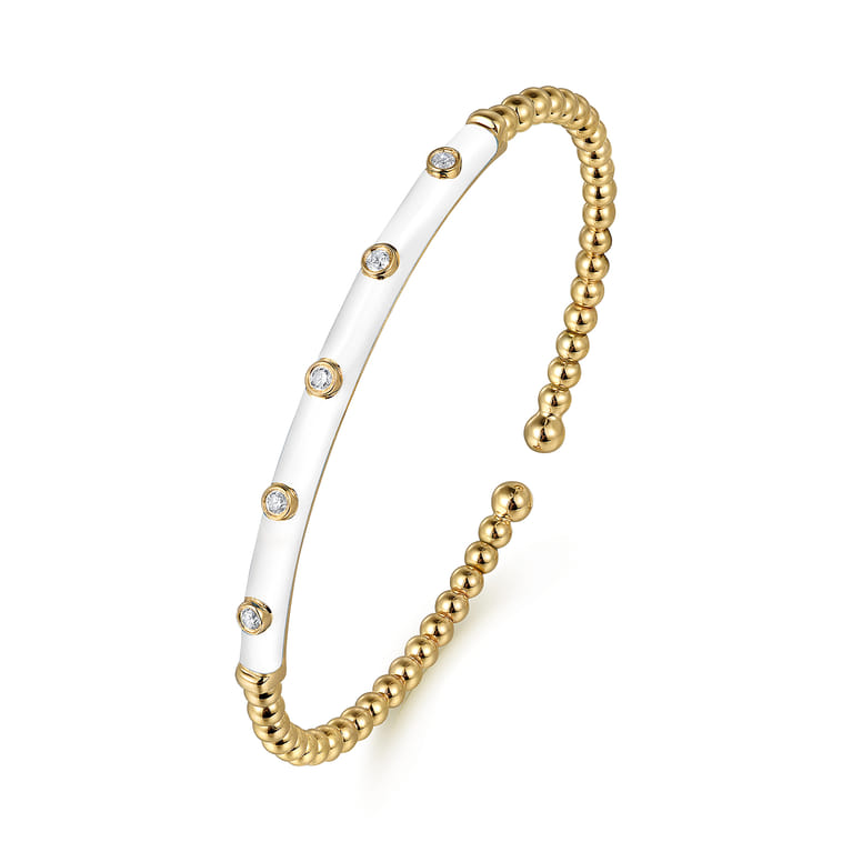 Enamel - 14K Yellow Gold Bujukan Beads and Diamond Split Bangle with White Enamel - 0.15 ct - Shot 2