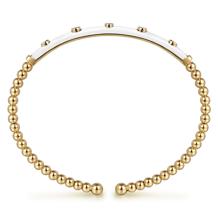 Enamel - 14K Yellow Gold Bujukan Beads and Diamond Split Bangle with White Enamel - 0.15 ct - Shot 3