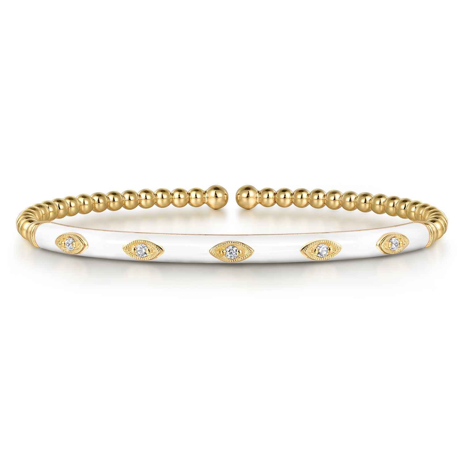 Enamel - 14K Yellow Gold Bujukan Beads and Diamond Split Bangle with White Enamel - 0.1 ct - Shot 1