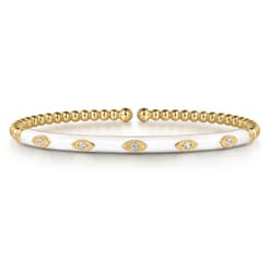 Enamel - 14K Yellow Gold Bujukan Beads and Diamond Split Bangle with White Enamel
