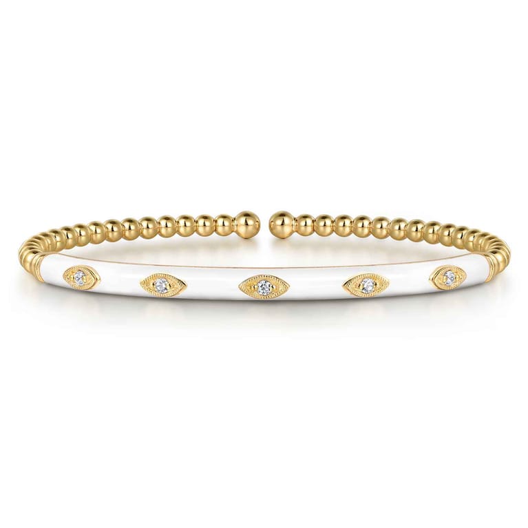 Enamel - 14K Yellow Gold Bujukan Beads and Diamond Split Bangle with White Enamel - 0.1 ct - Shot 1