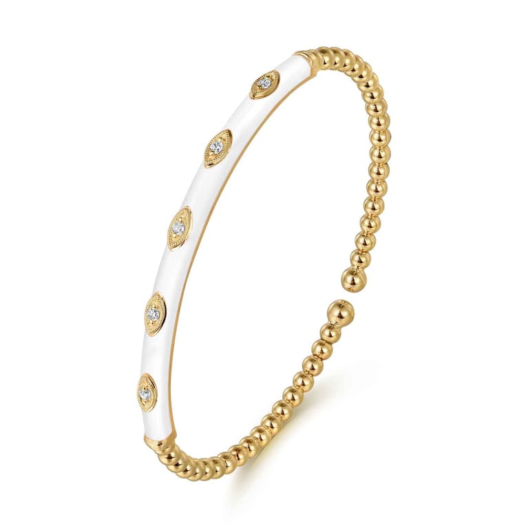 Enamel - 14K Yellow Gold Bujukan Beads and Diamond Split Bangle with White Enamel - 0.1 ct - Shot 2